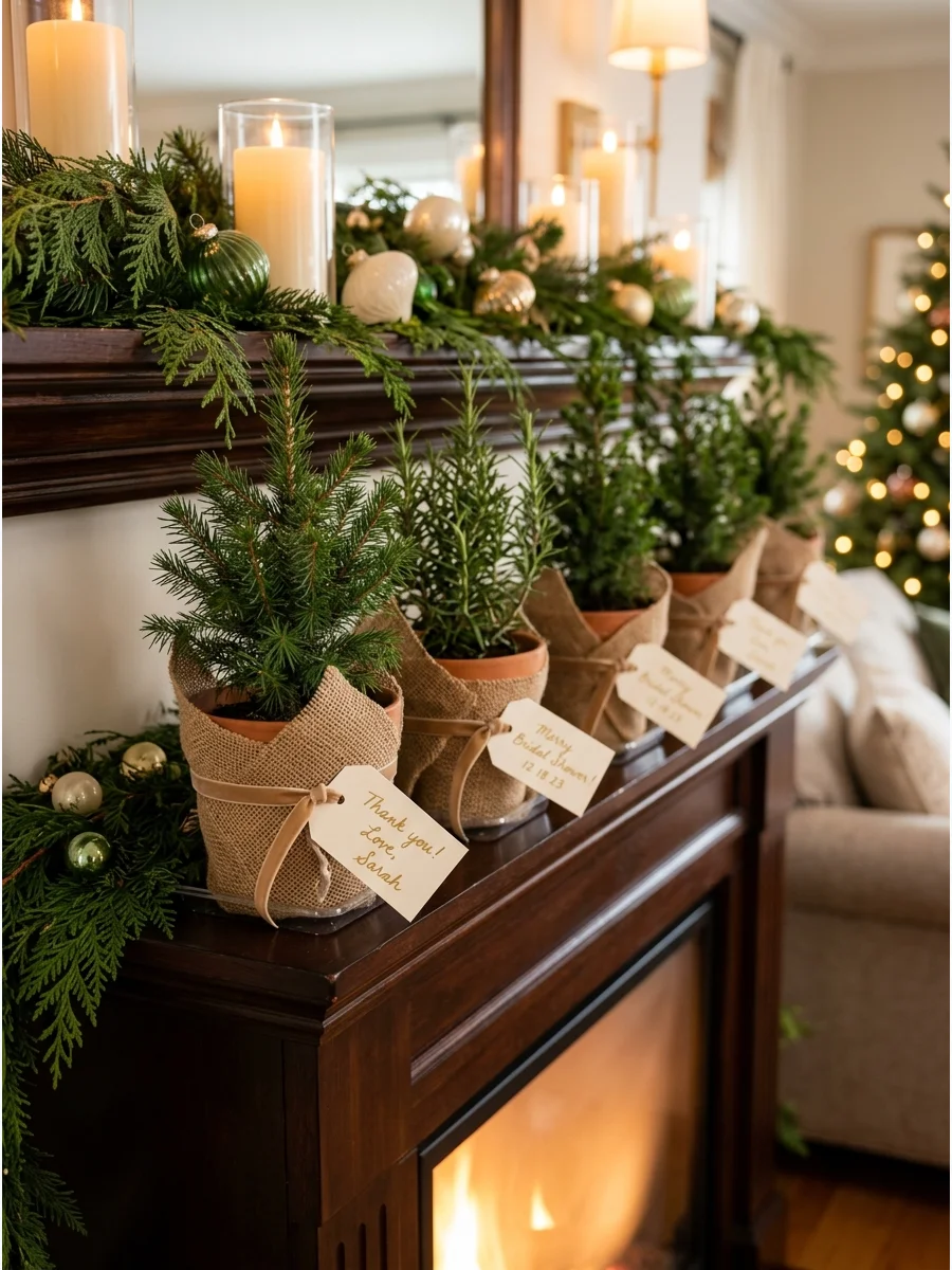Small potted evergreen trees wrapped in burlap on a fireplace mantel.