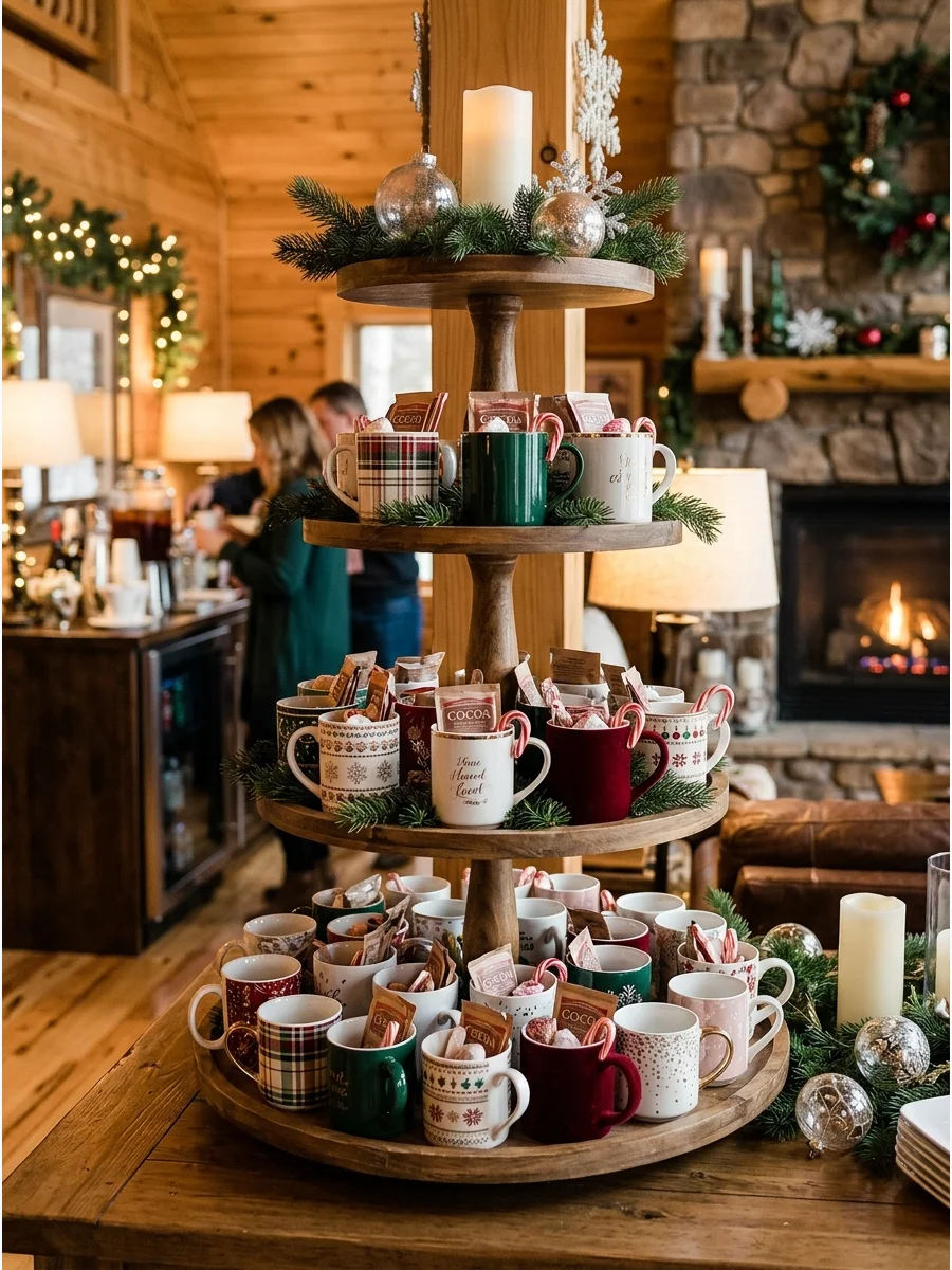 Festive ceramic mugs on a tiered wooden stand.