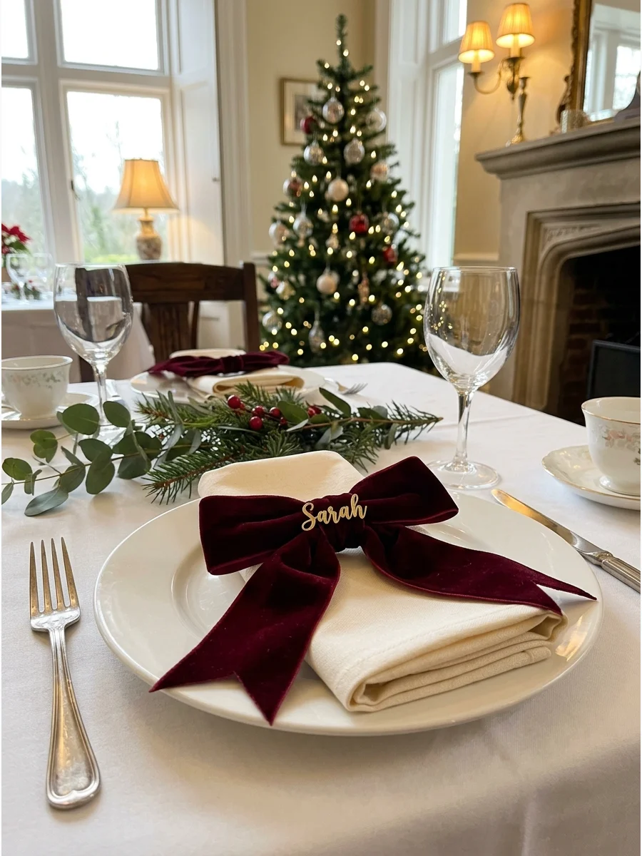 A table place setting with a burgundy velvet bow on a cream napkin.