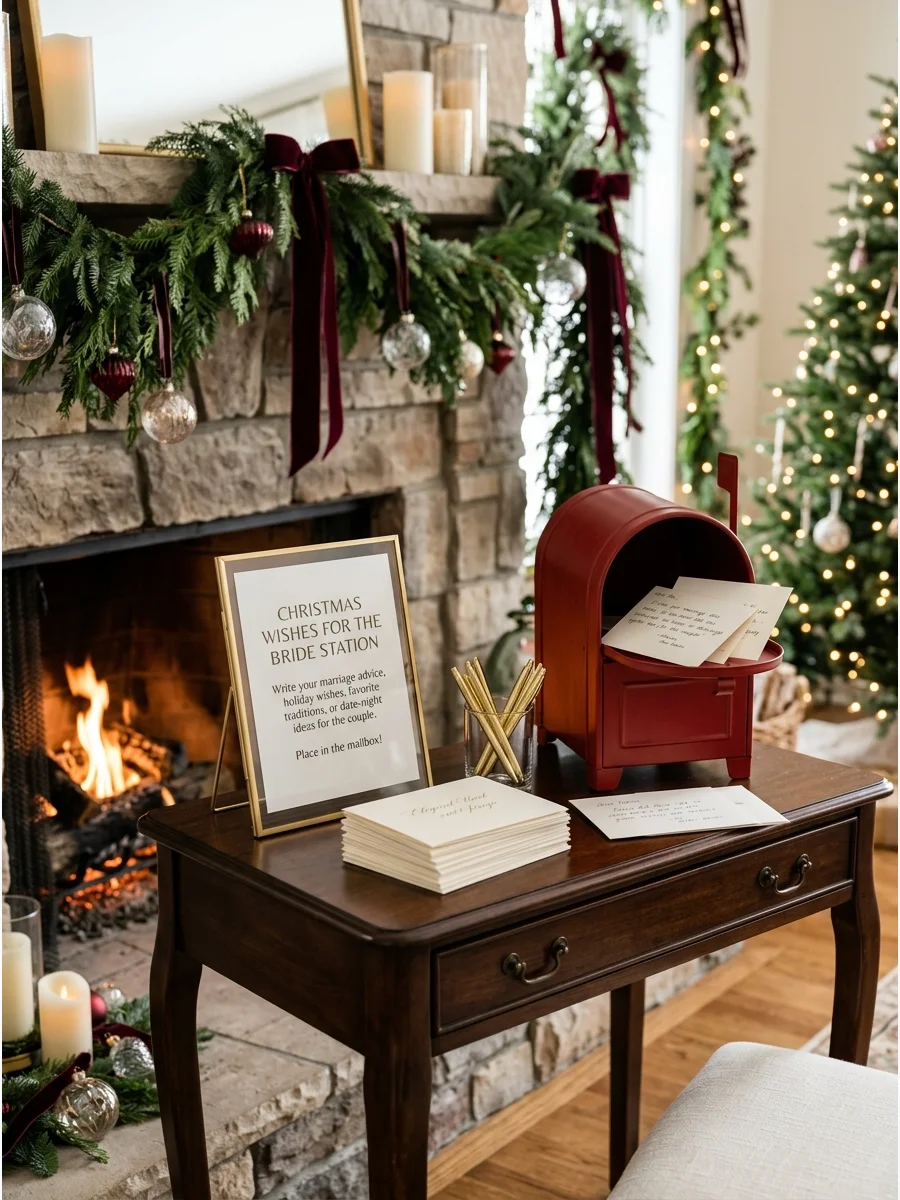 A guest book station with a red mailbox and holiday advice cards.