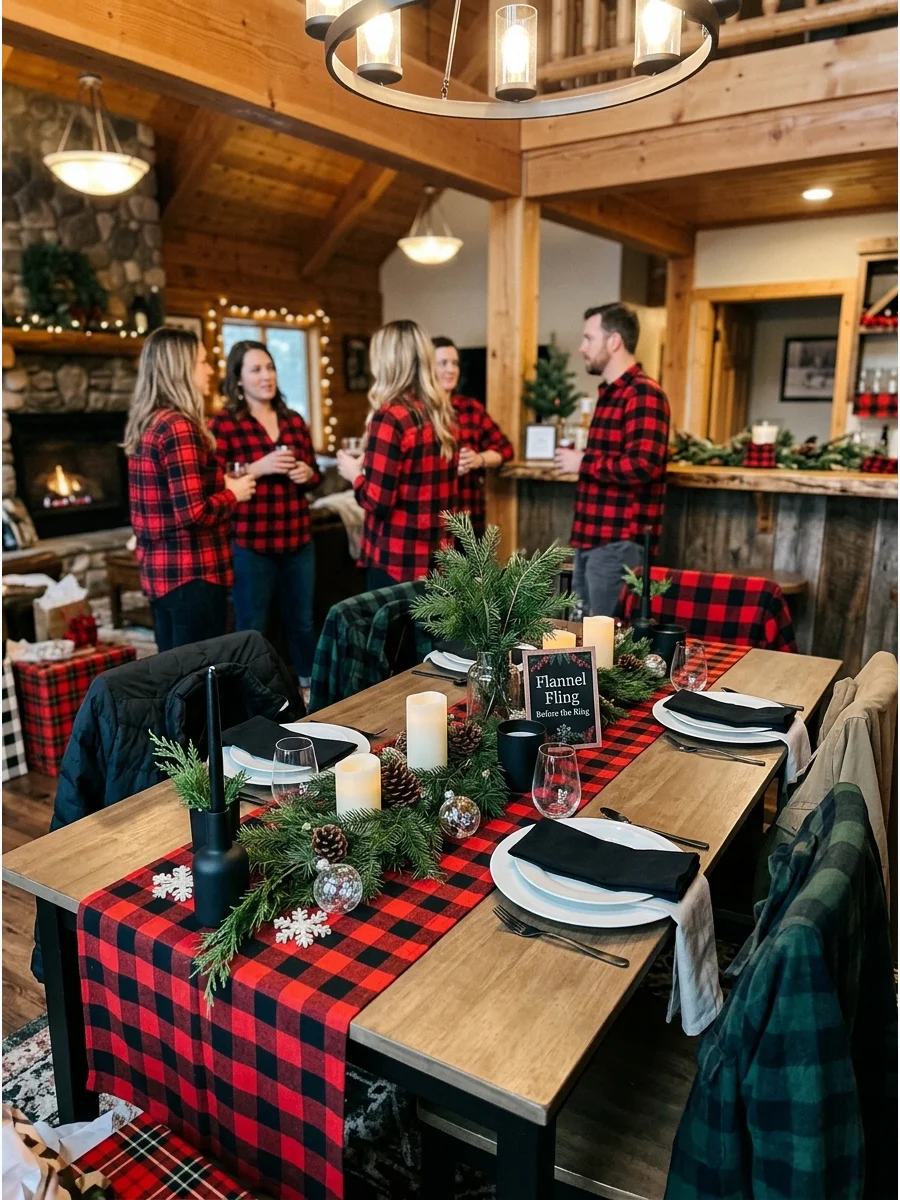 Plaid table decor in a rustic mountain lodge.
