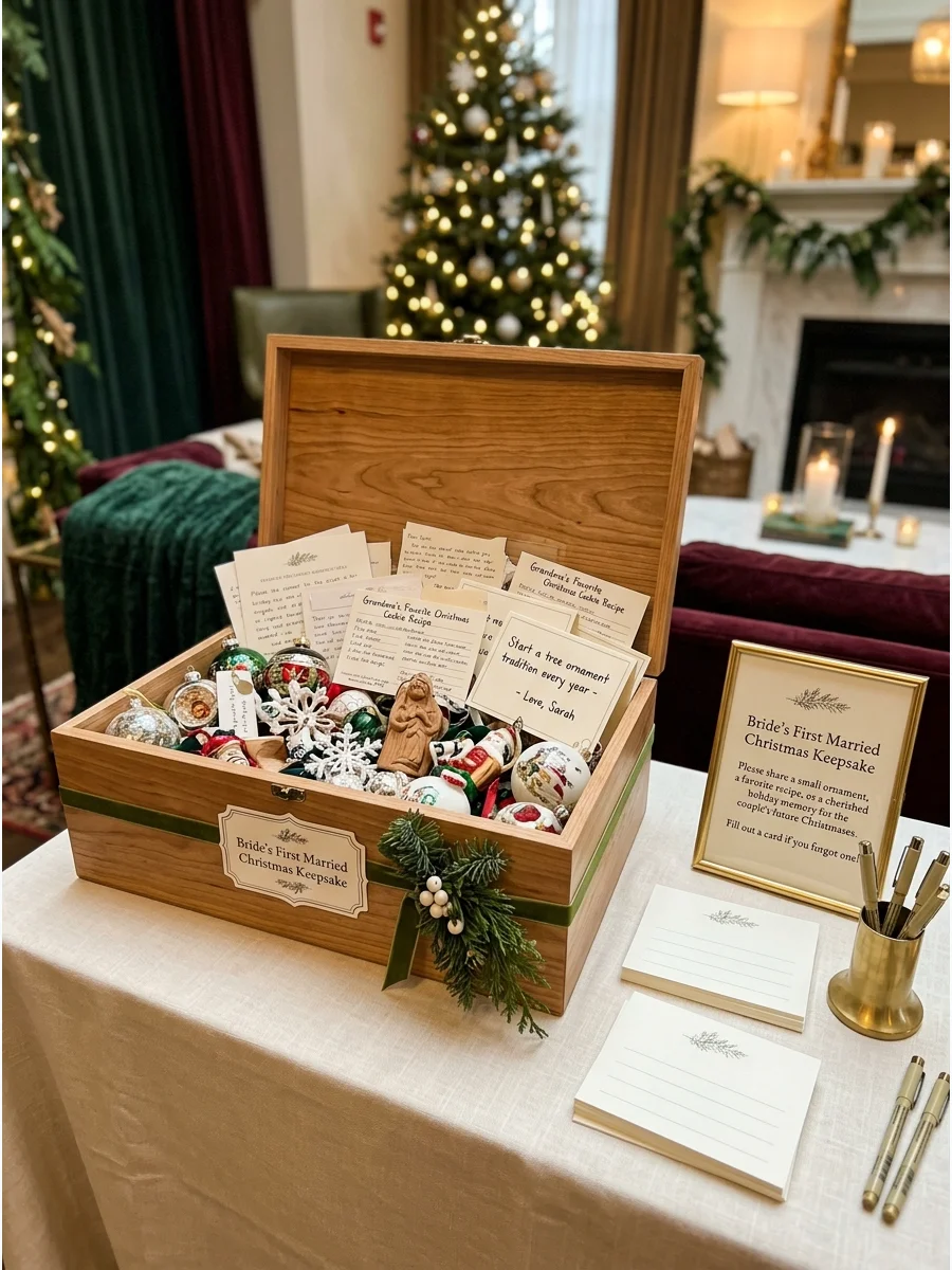 A wooden keepsake chest filled with ornaments and cards.