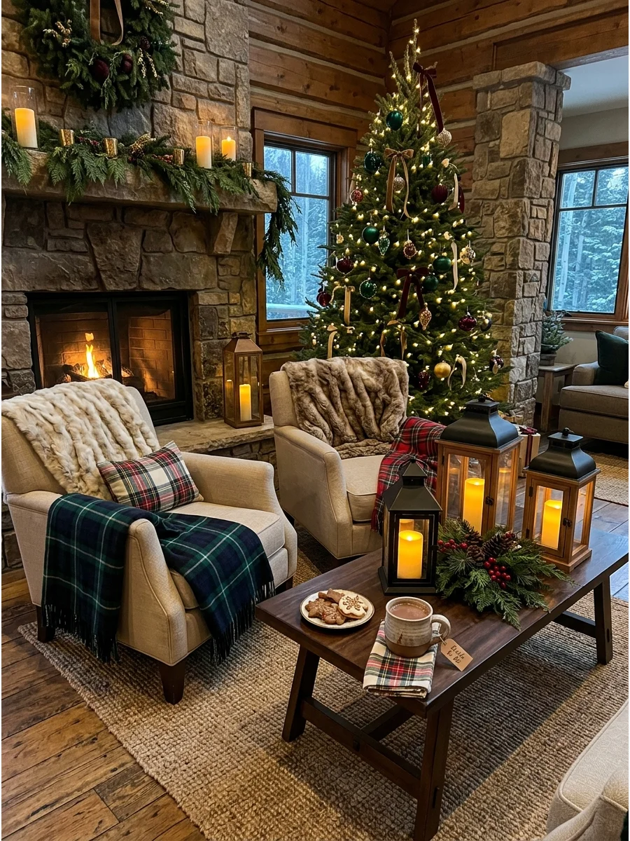 Faux-fur throws and lanterns in a cozy cabin setting.