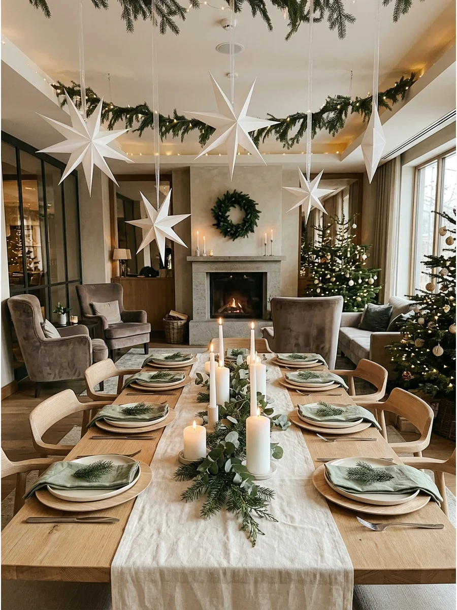 Minimalist Nordic decor with paper stars and greenery.