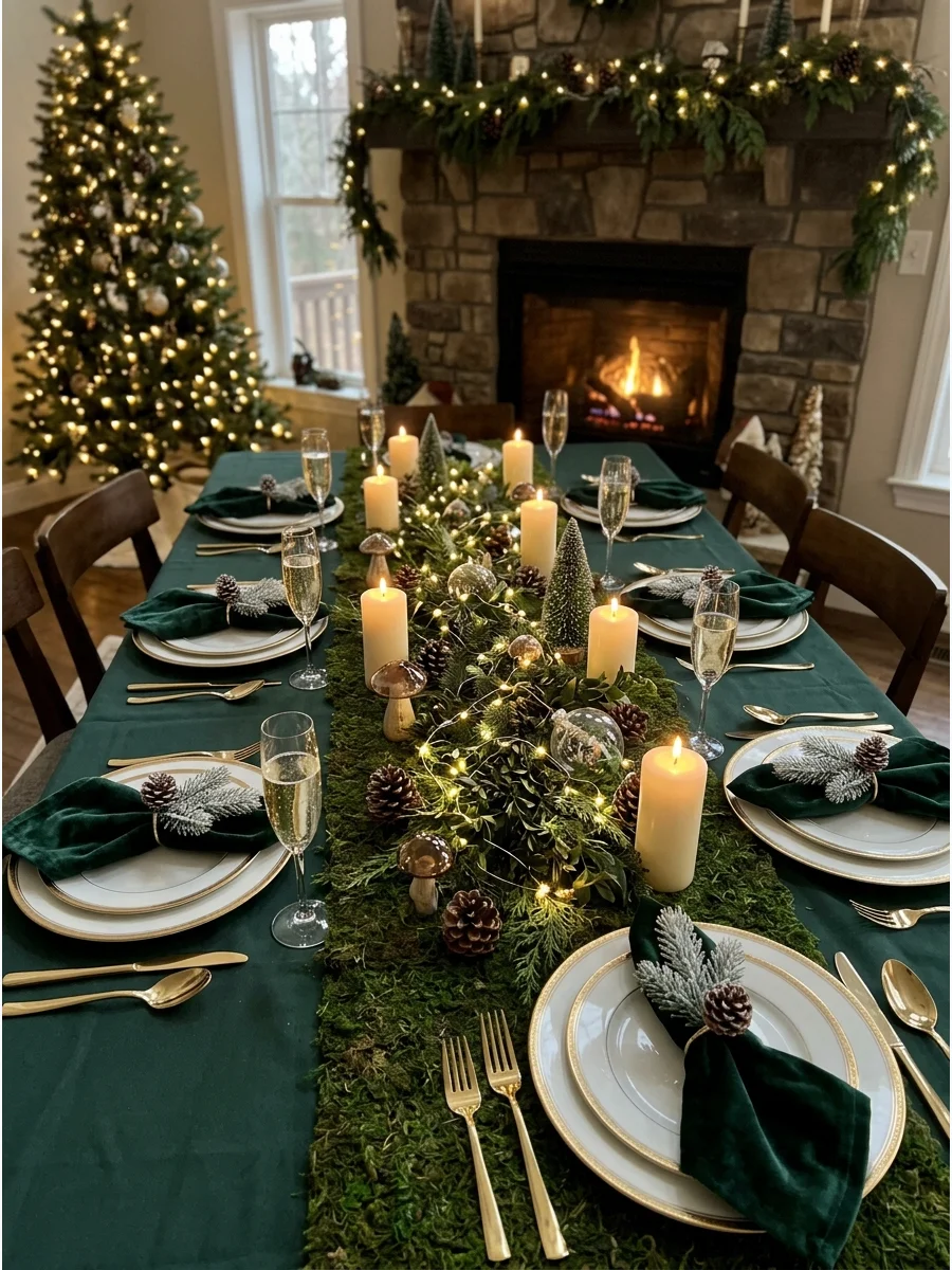 Moss and fairy light table runner with gold accents.