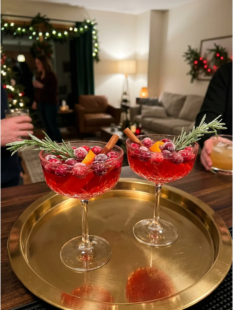Cranberry and rosemary cocktail in crystal glassware.