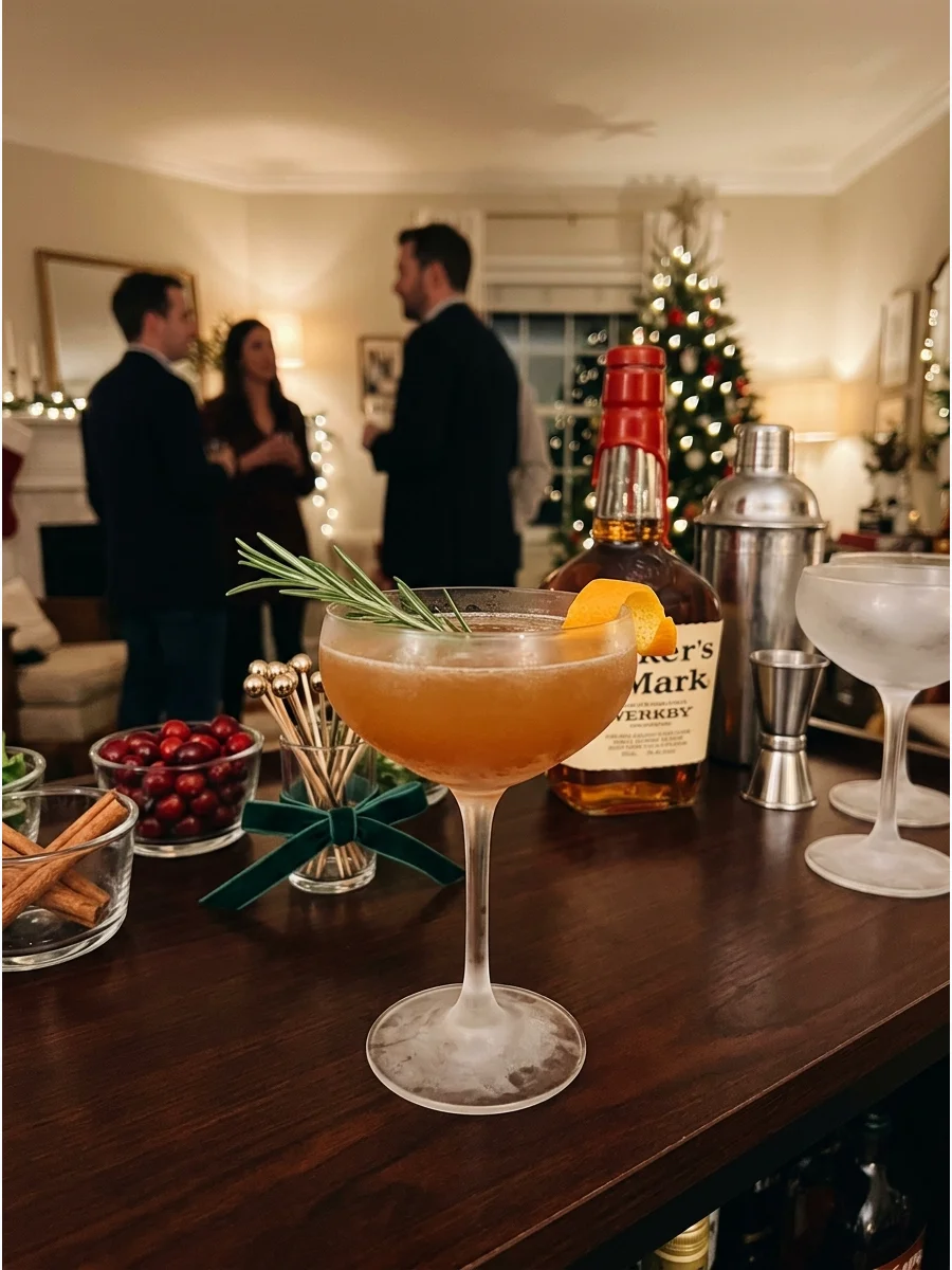 A maple bourbon sour cocktail with rosemary garnish on a dark bar.