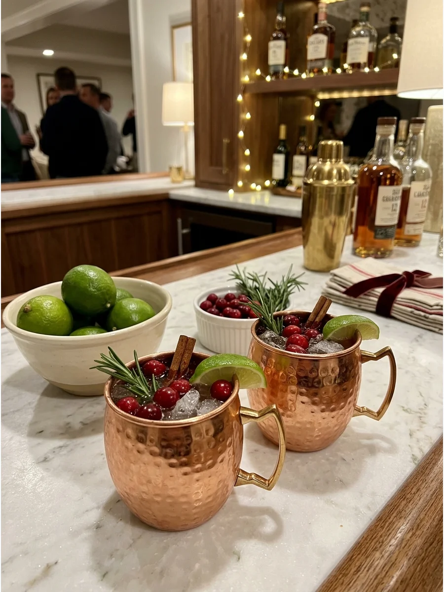 Holiday Moscow Mules in copper mugs with cranberry and rosemary garnishes.