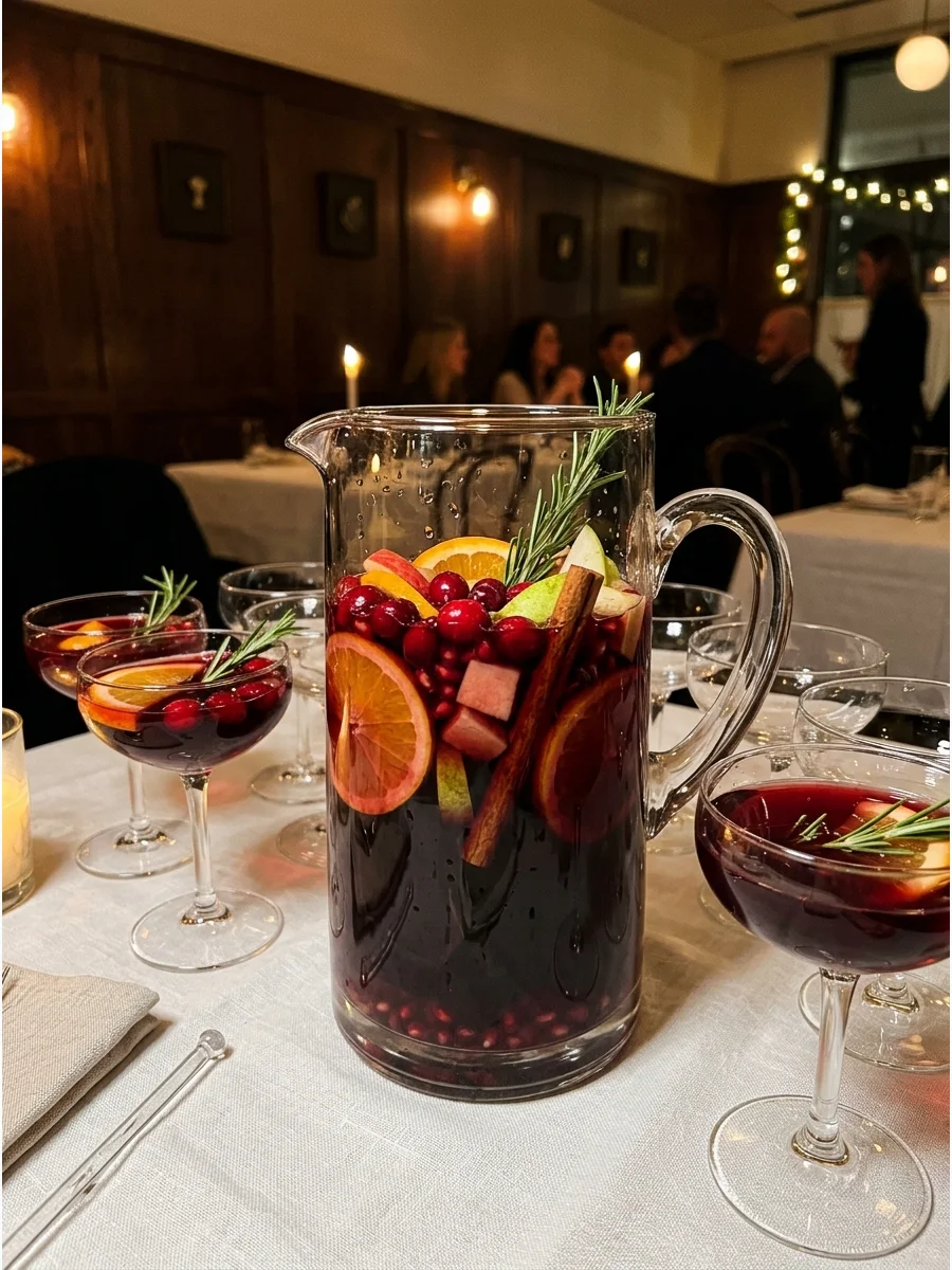 A glass pitcher of red Christmas sangria filled with sliced apples and pears.