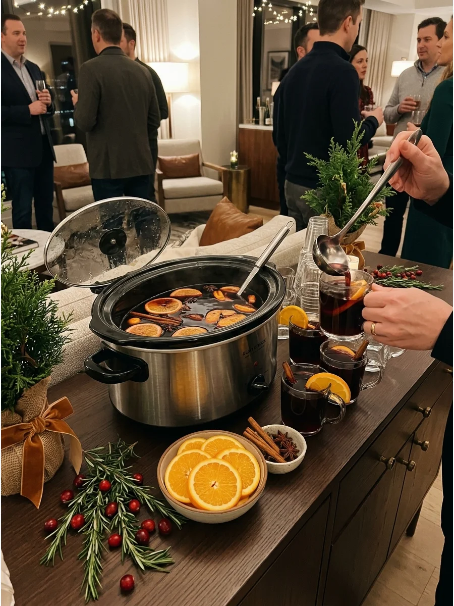 A warm mulled wine station with glass mugs and whole spices.