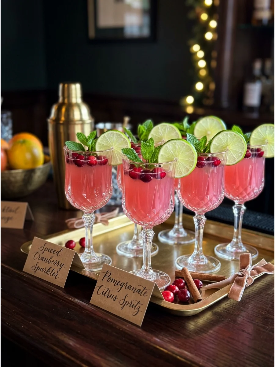 A selection of festive Christmas mocktails on a gold serving tray.