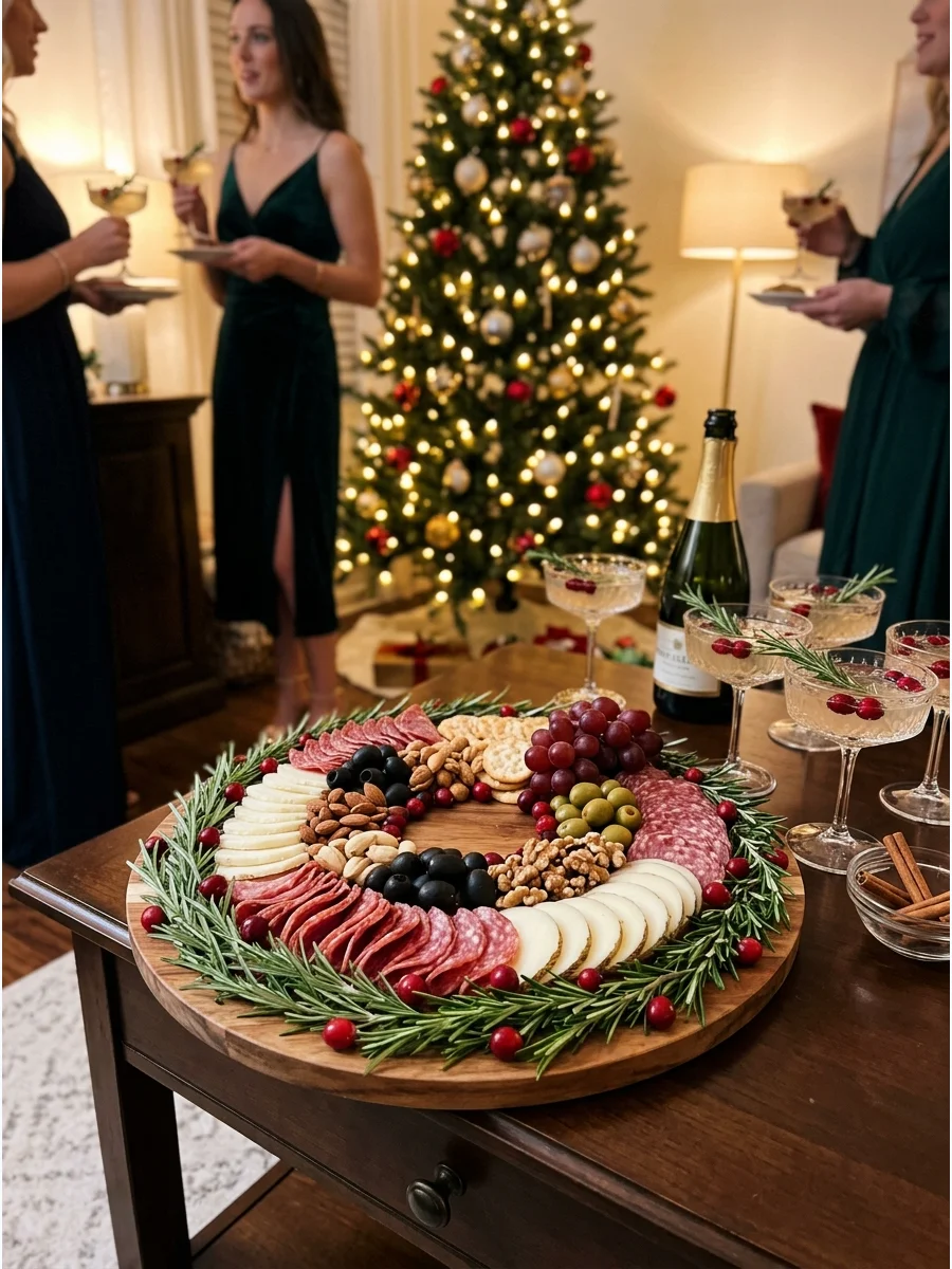 A charcuterie board arranged in a circular wreath shape with rosemary.
