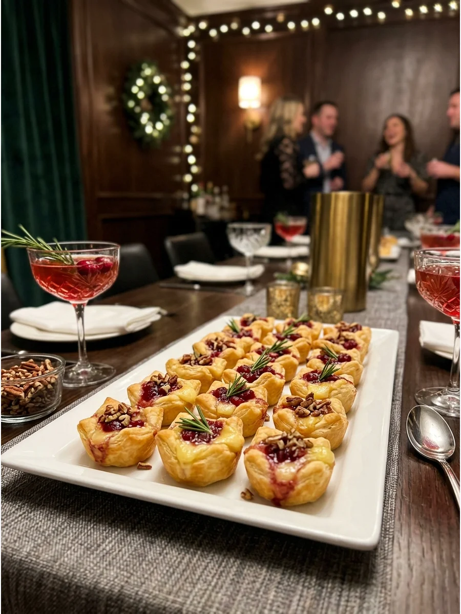 Cranberry and brie puff pastry appetizers on a white serving platter.