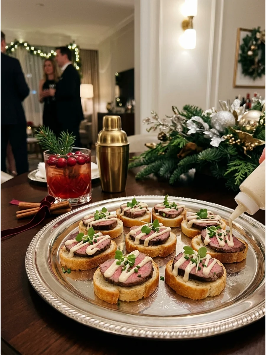 Beef tenderloin crostini with horseradish cream on a silver tray.