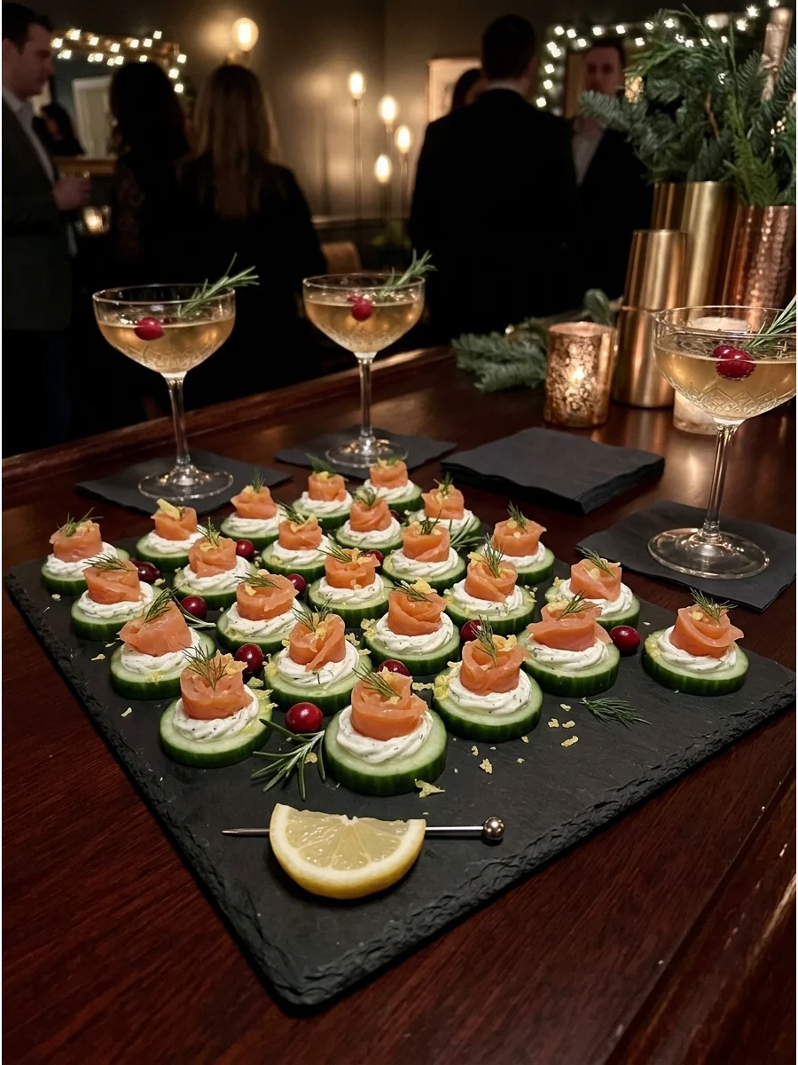 Smoked salmon and cream cheese on cucumber slices.