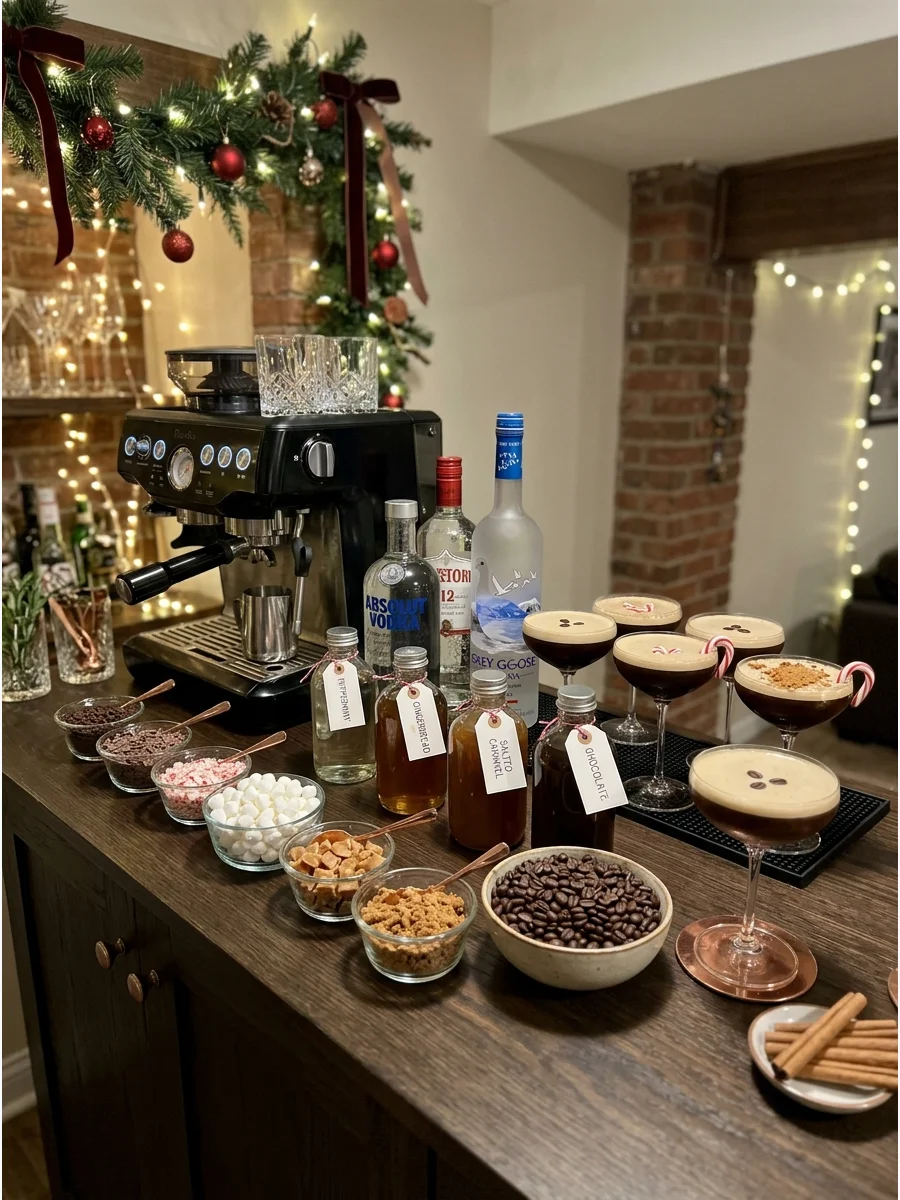 Espresso martini bar setup with various syrups and garnishes.