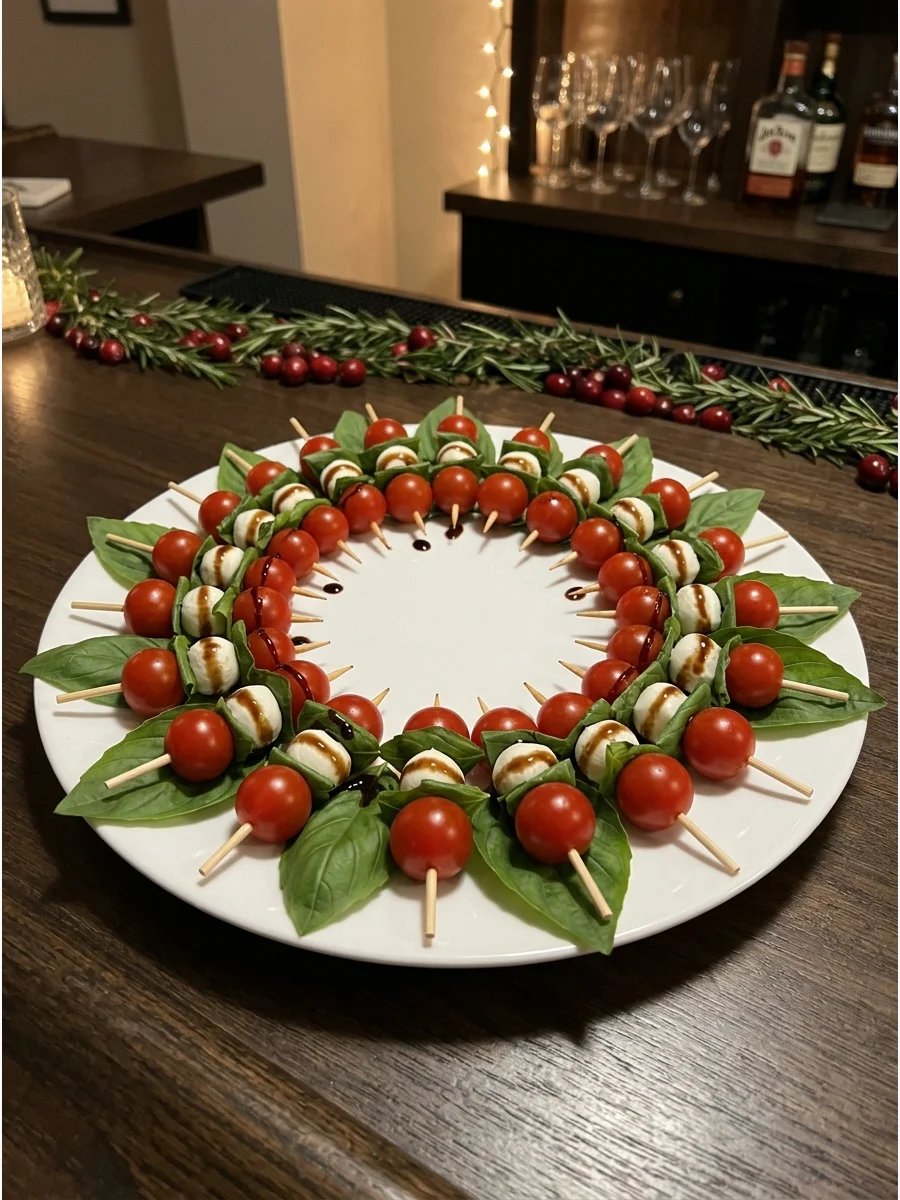Caprese skewers arranged in a wreath shape on a white plate.