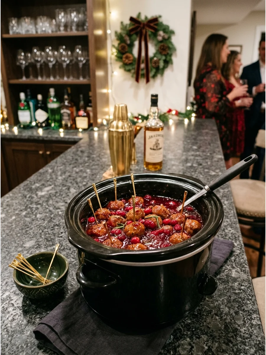 Cranberry glazed meatballs in a slow cooker on a home bar.