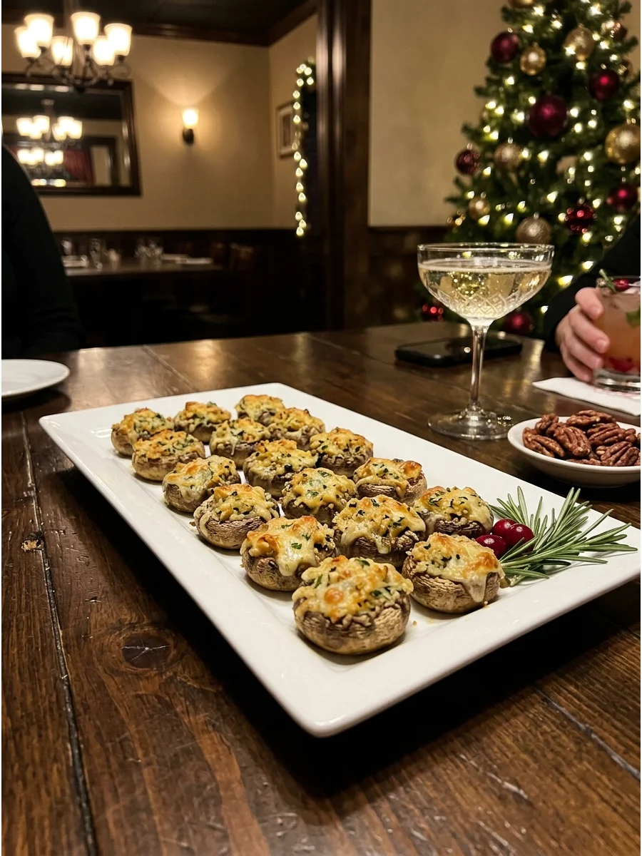 Golden brown stuffed mushrooms on a white platter.