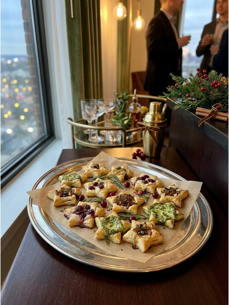 Star-shaped puff pastry appetizers on a silver tray.