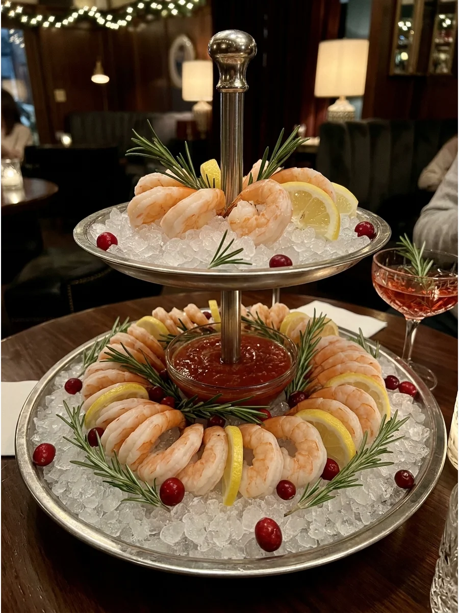 Chilled shrimp cocktail served on a tiered silver stand.