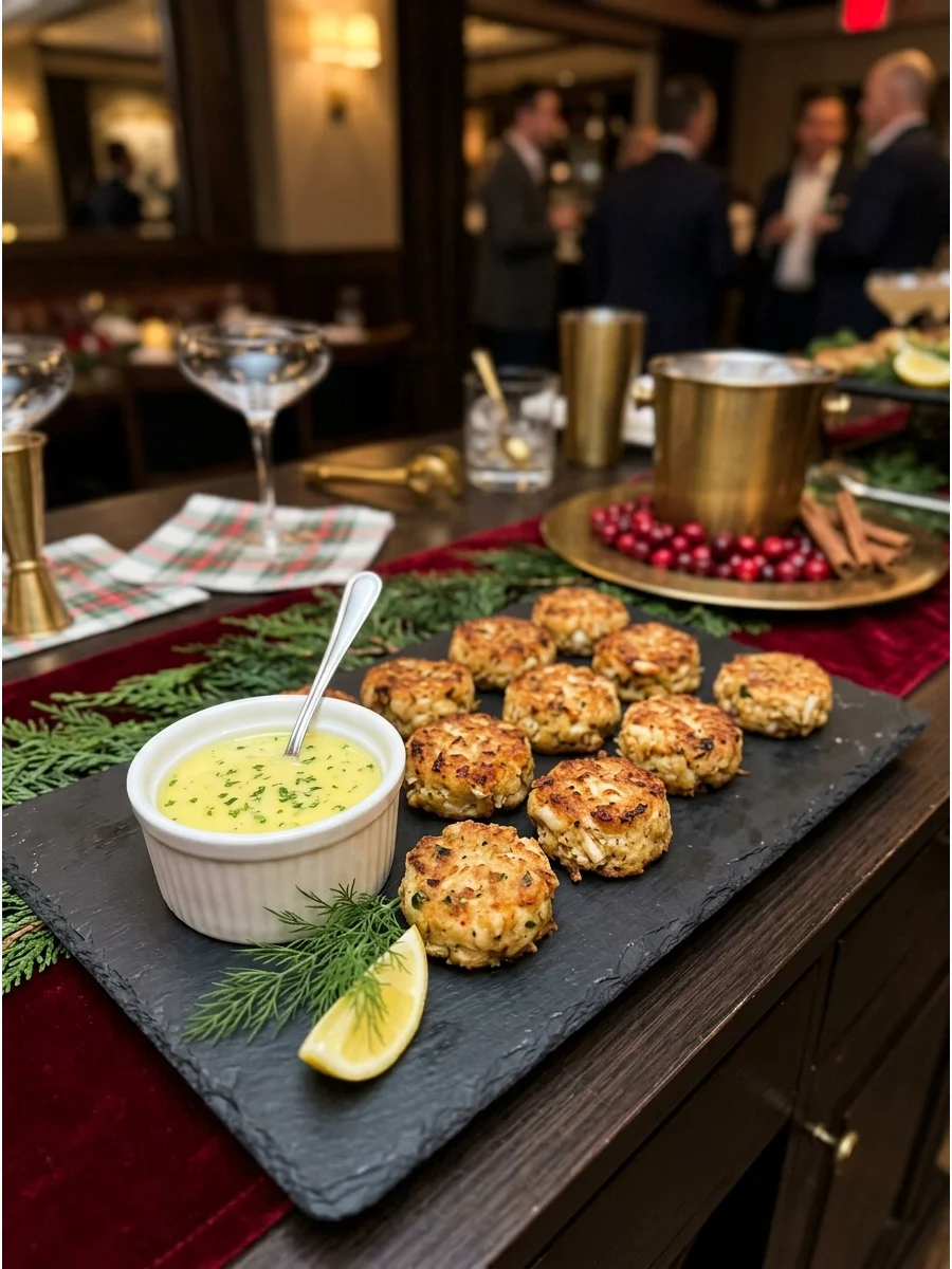 Mini crab cakes with a side of lemon herb sauce.