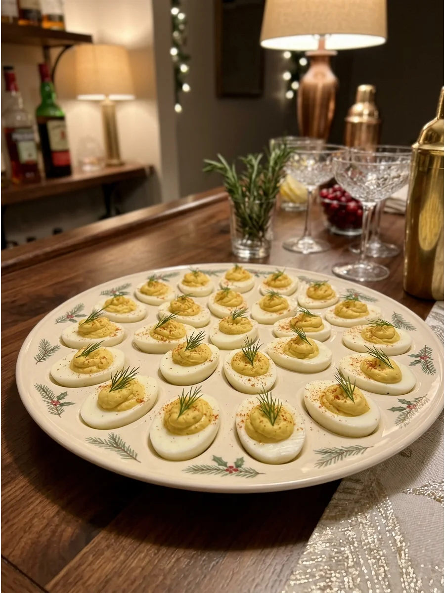 Deviled eggs with dill garnishes on a white ceramic platter.