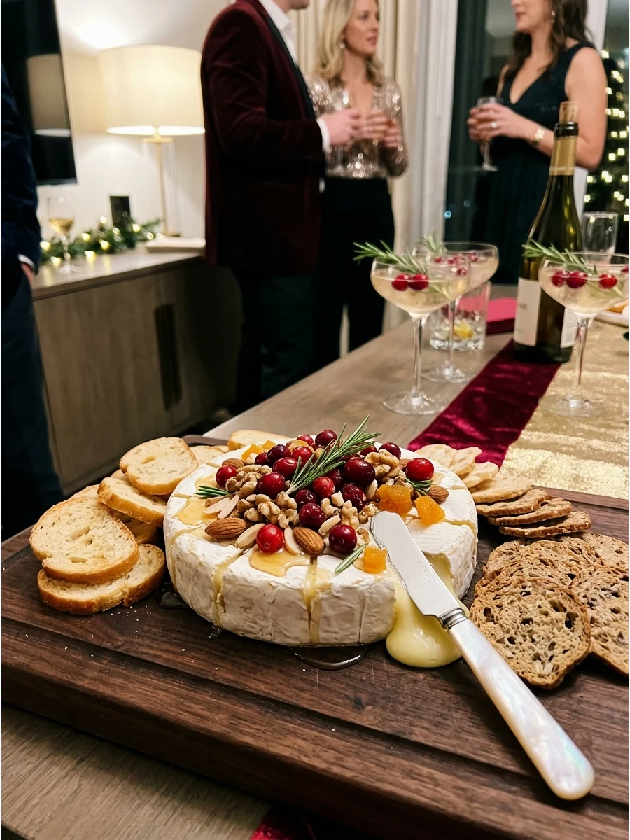 Baked brie topped with cranberries and walnuts on a board.