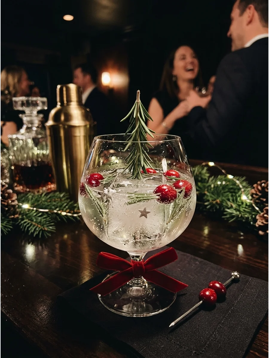 A clear cocktail resembling a snow globe with a rosemary tree inside.