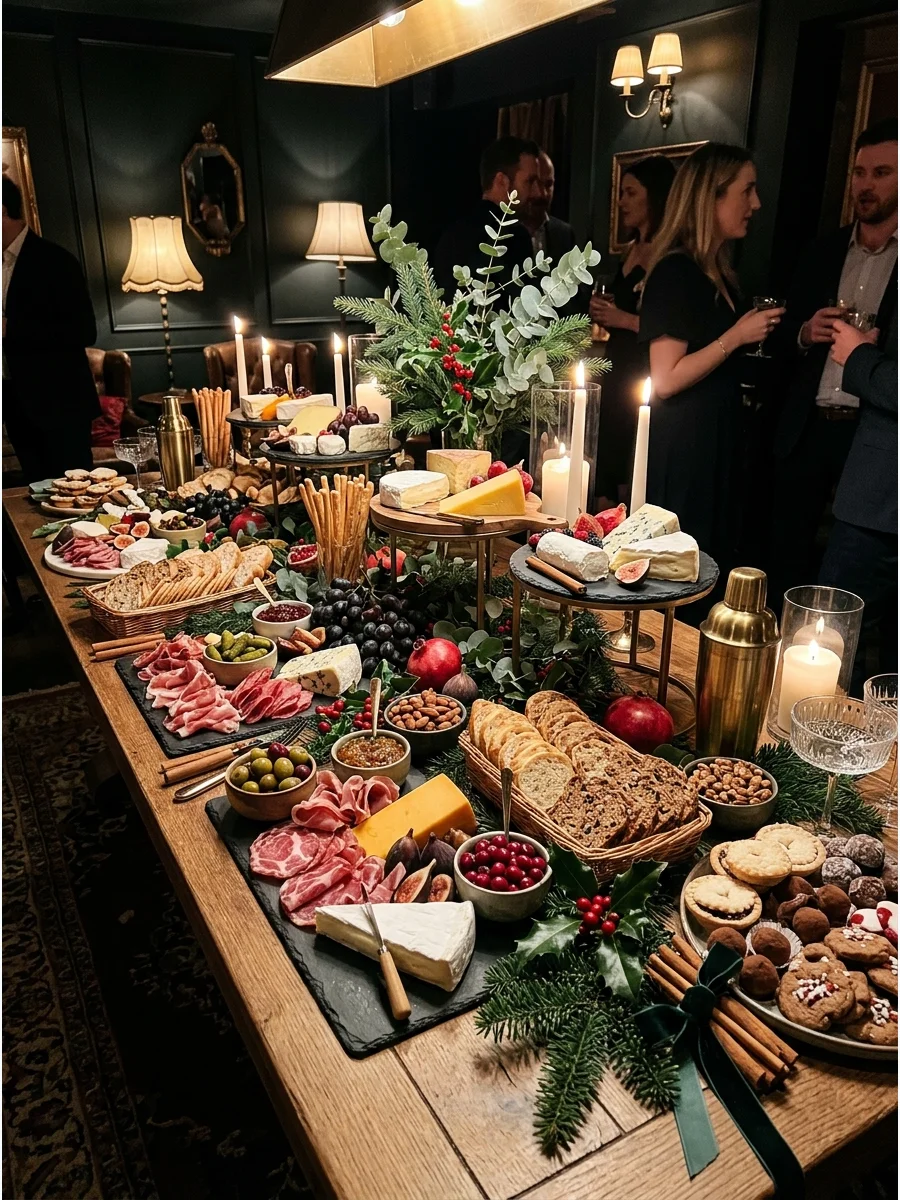 A large holiday grazing table with meats, cheeses, and evergreen decor.