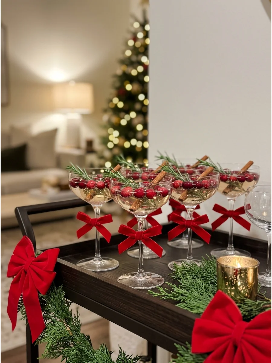 of wine glasses with red velvet bows on a holiday bar cart.