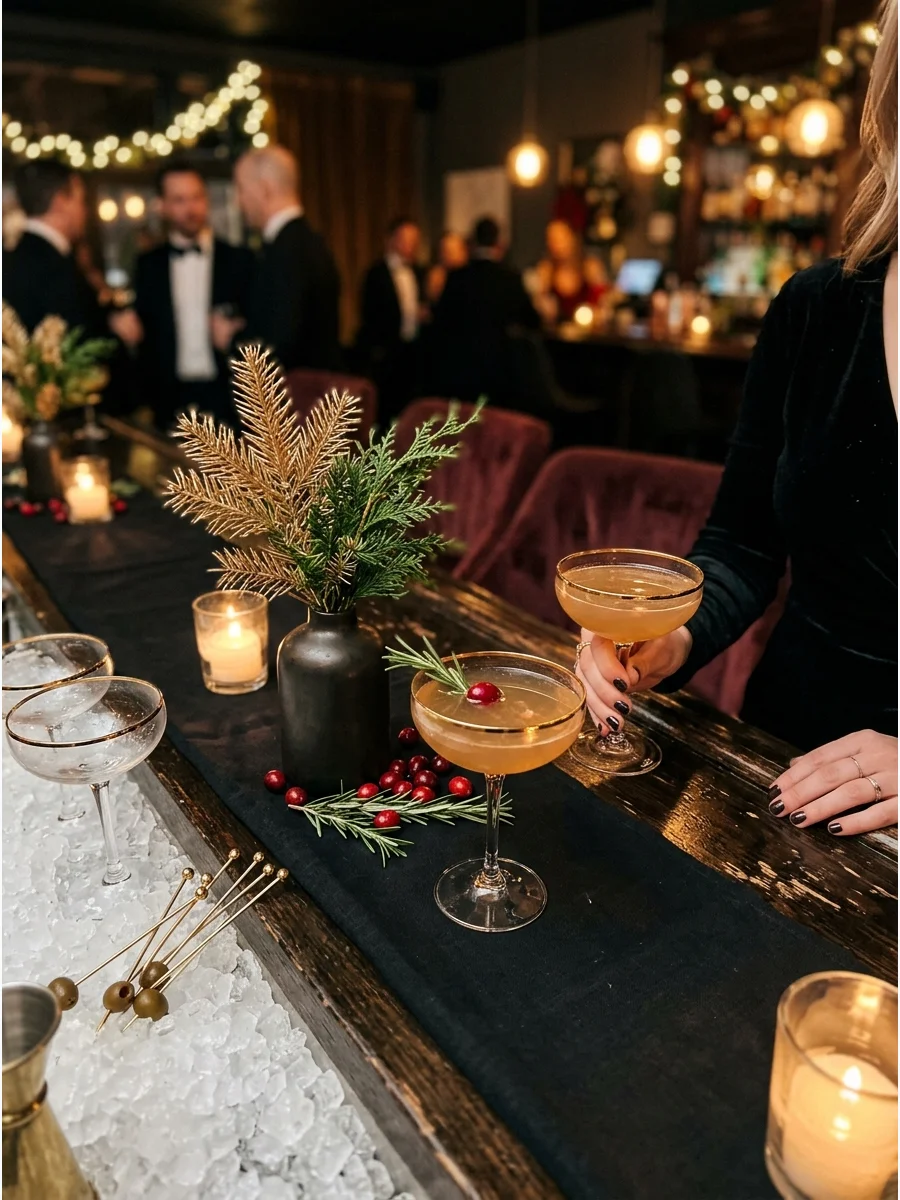 Formal holiday bar setup with black linens and gold-rimmed glassware.