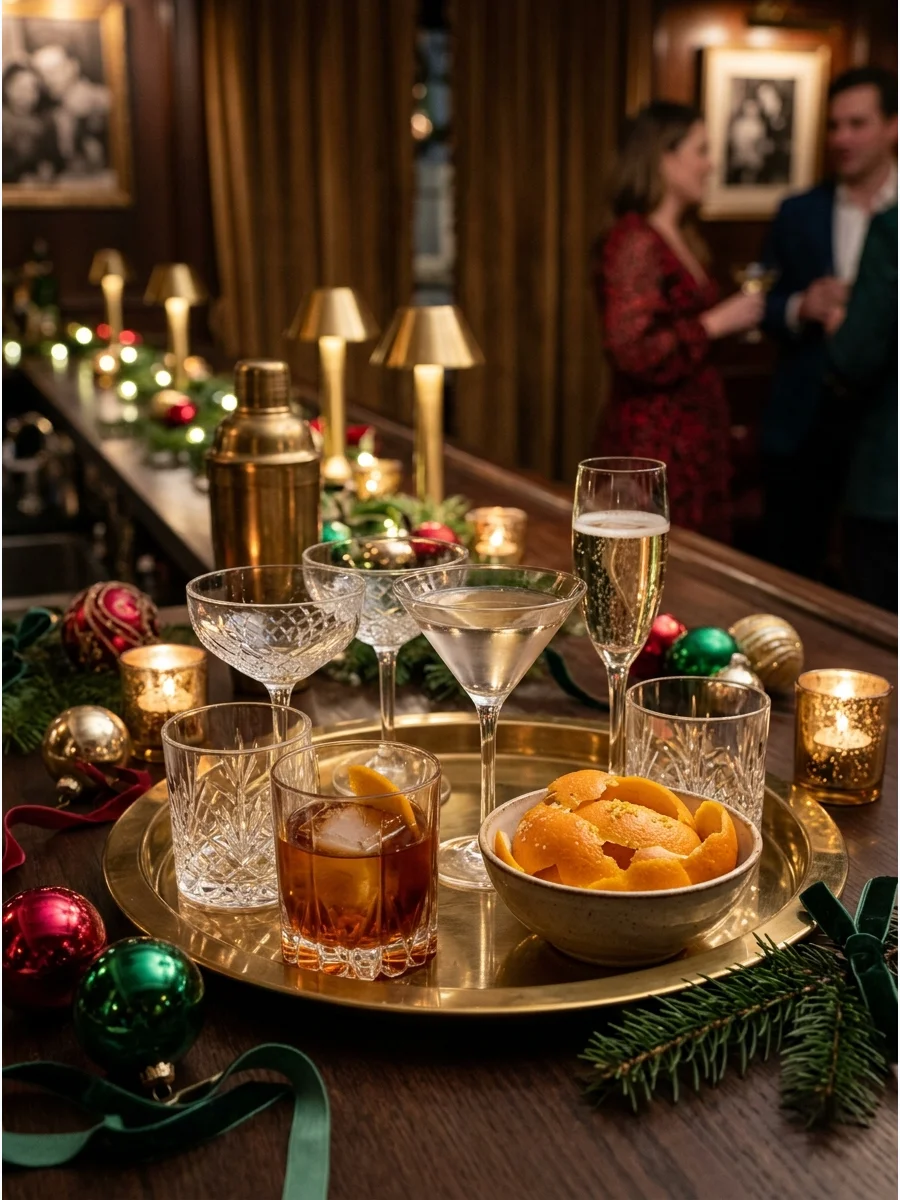 Mismatched vintage glassware on a brass tray for a holiday party.