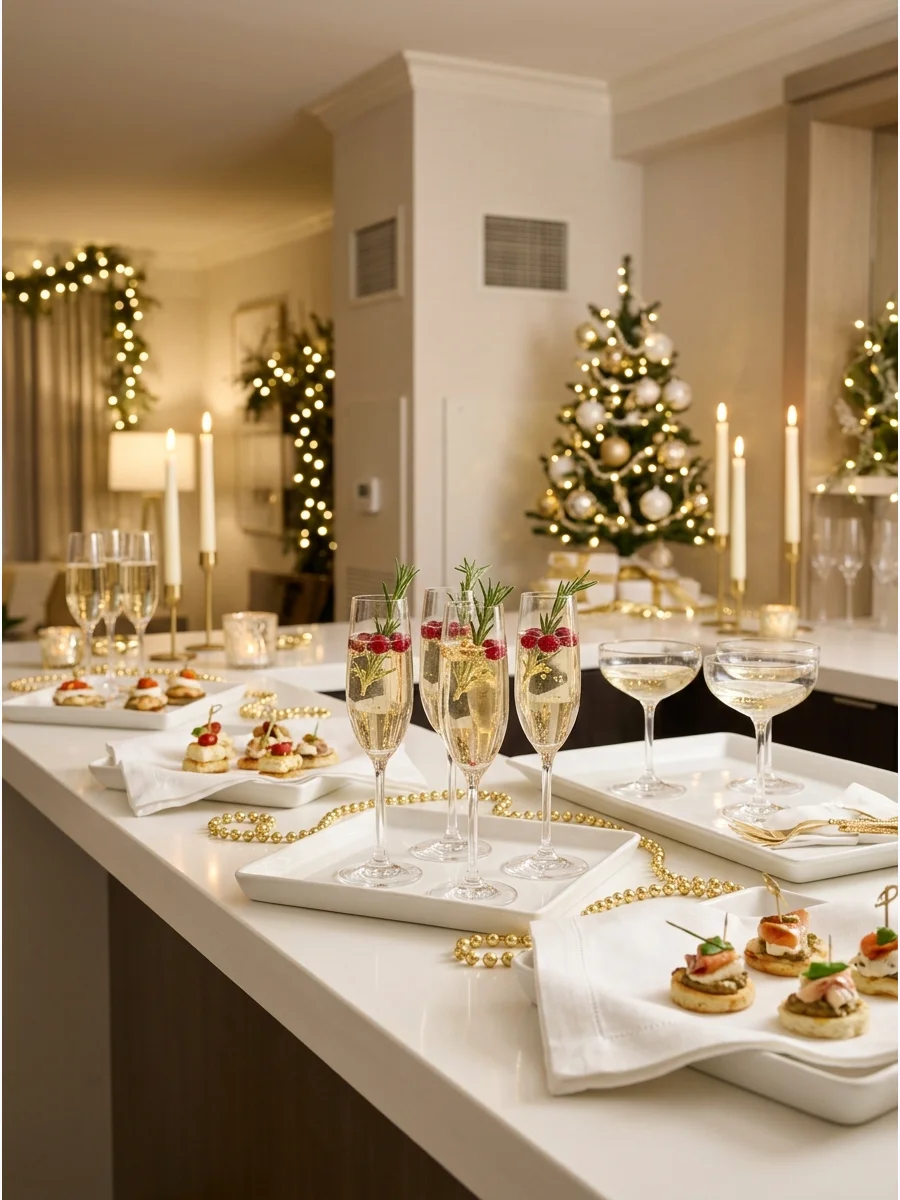 Modern white and gold holiday drink station with champagne flutes.