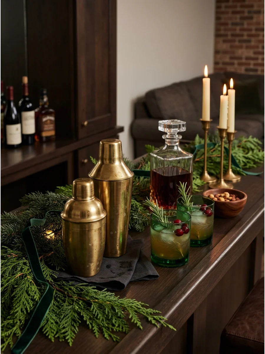 Moody holiday bar with dark wood, cedar garlands, and brass tools.