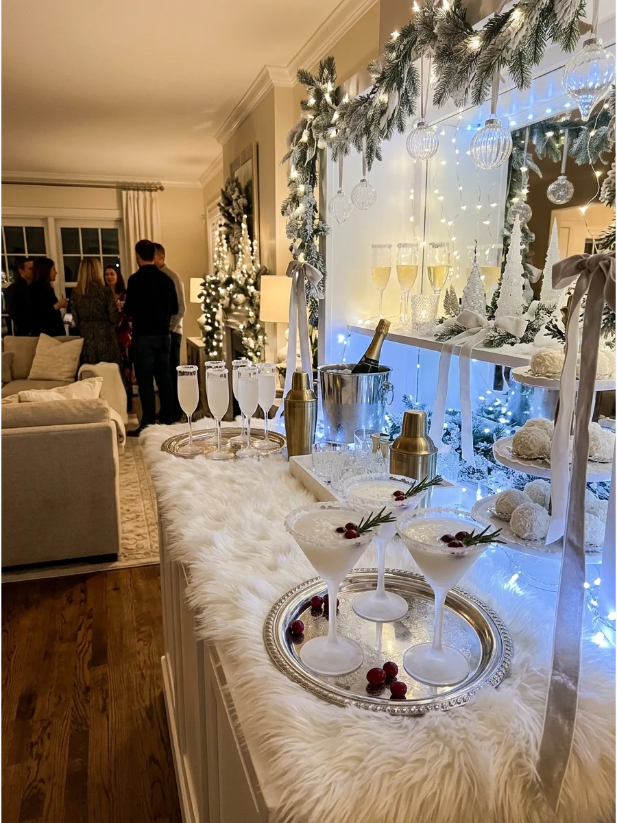 Winter wonderland themed bar with frosted glasses and silver trays.