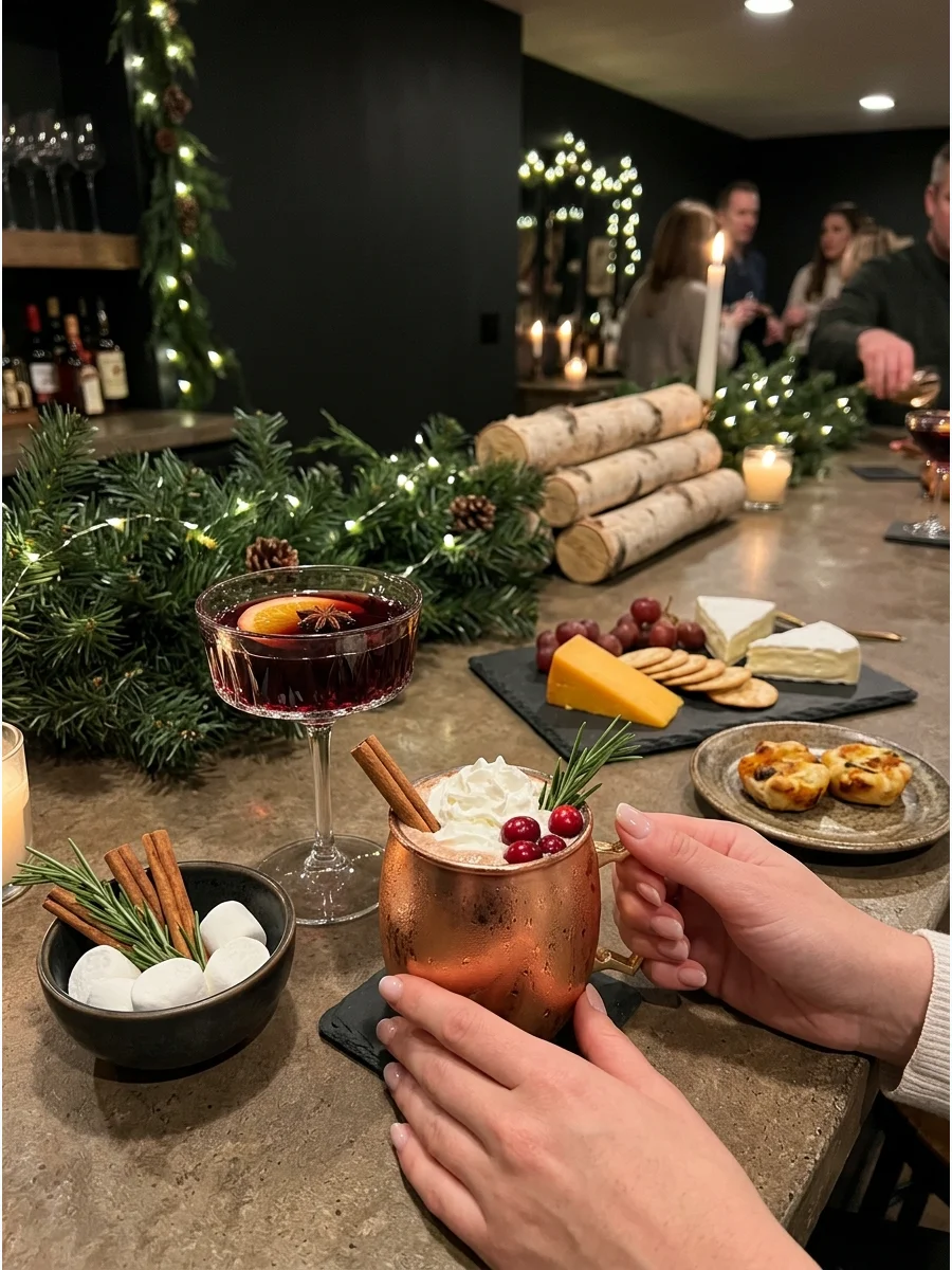 Cozy après-ski themed bar with ceramic mugs and pinecone decor.
