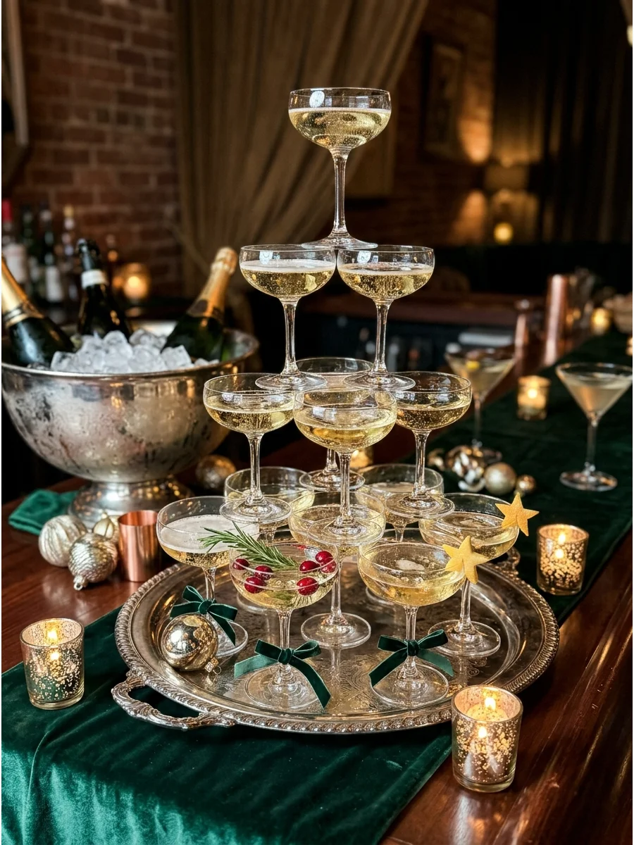 Champagne tower with coupe glasses for an Old Hollywood party.