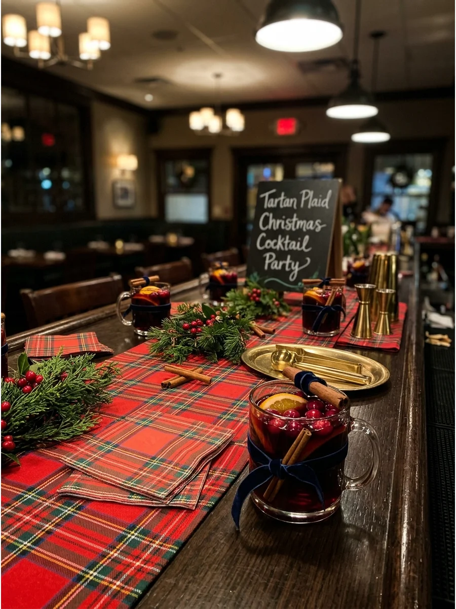 Traditional holiday bar with tartan plaid runner and glass mugs.