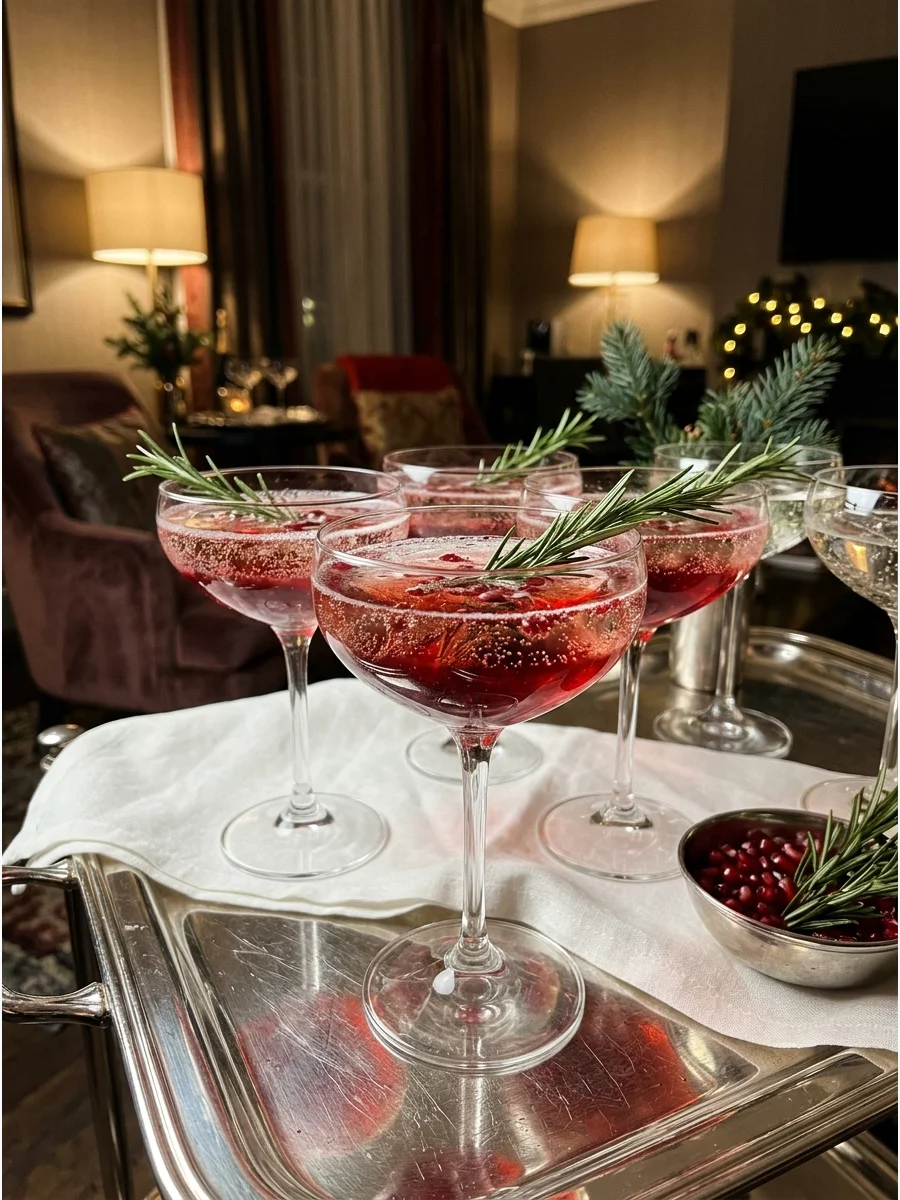 Pomegranate prosecco spritz in elegant coupe glasses.