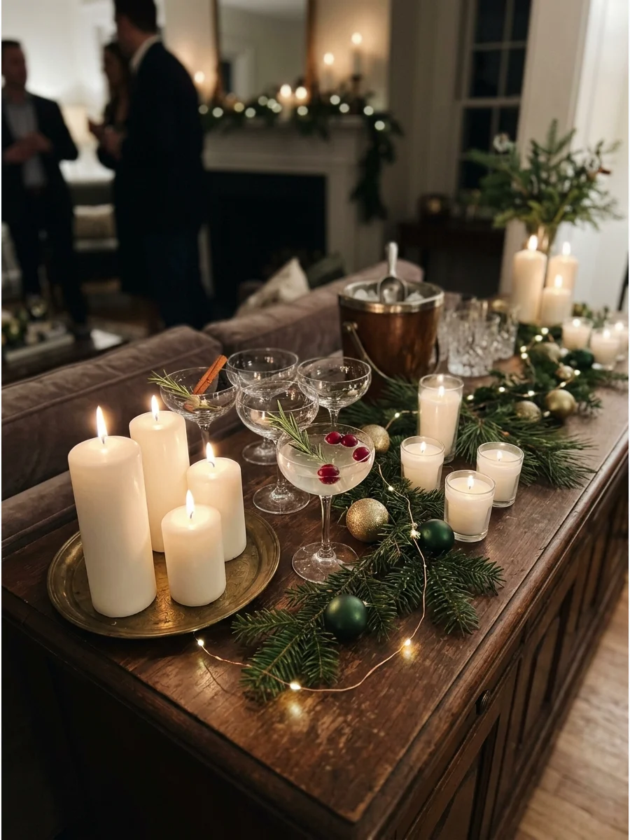 Intimate candlelit holiday bar with white pillar candles and crystal glasses.