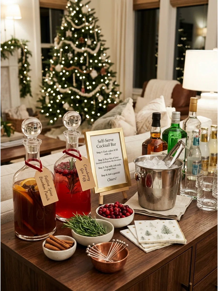A self-serve holiday bar setup with spirits and instructions.