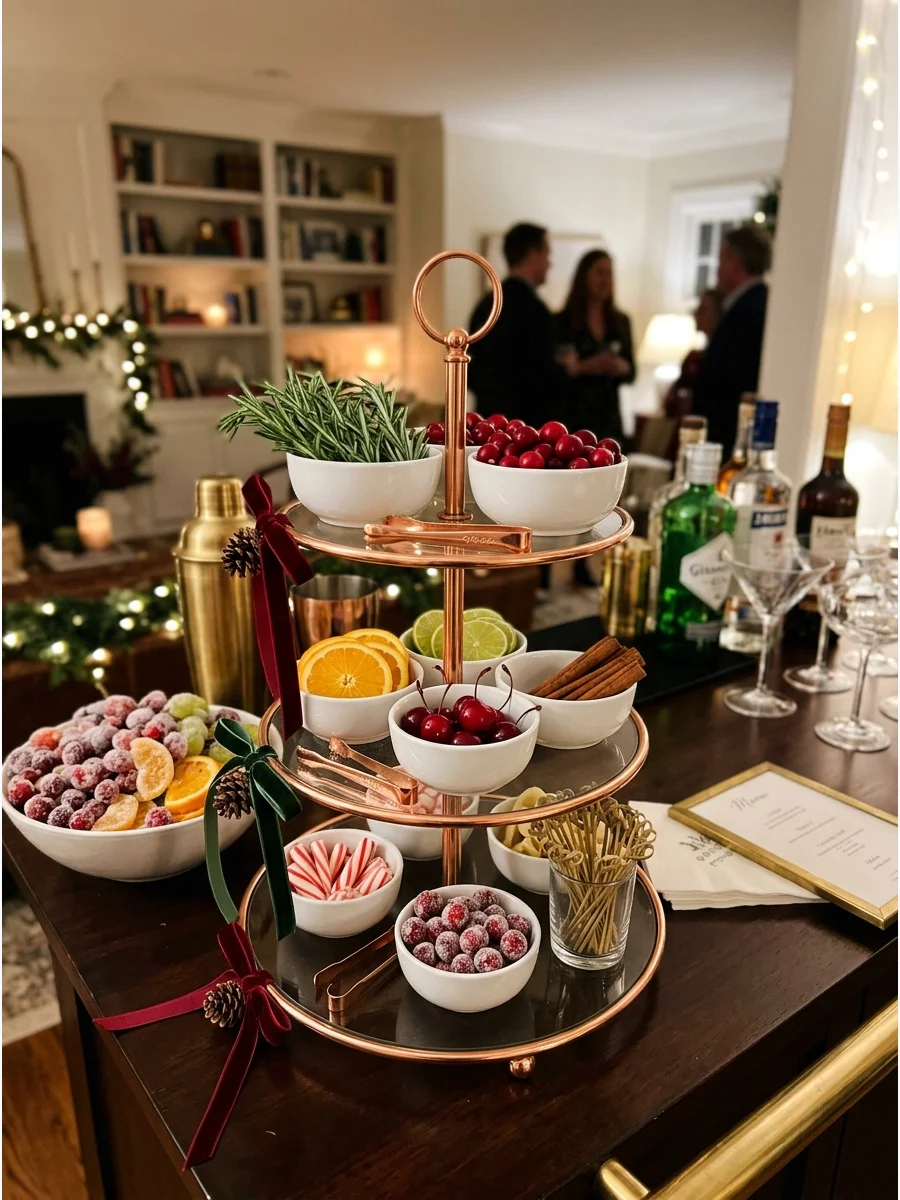 A tiered tray filled with festive cocktail garnishes.