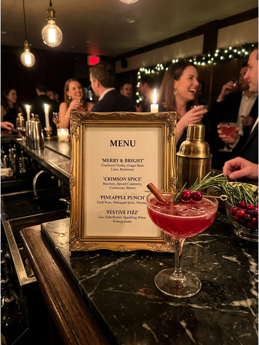 A holiday cocktail menu in a gold frame on a bar.
