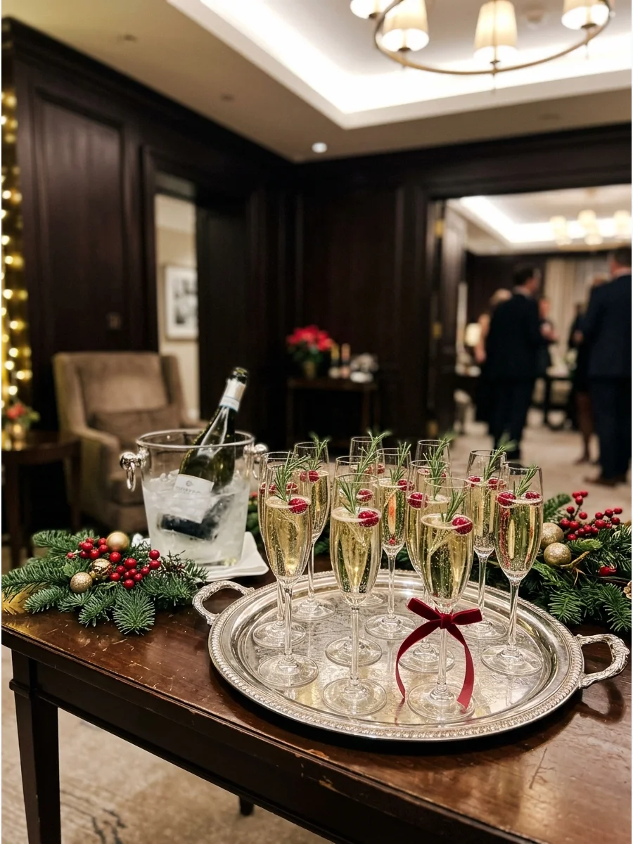 A tray of welcome champagne flutes with holiday garnishes.