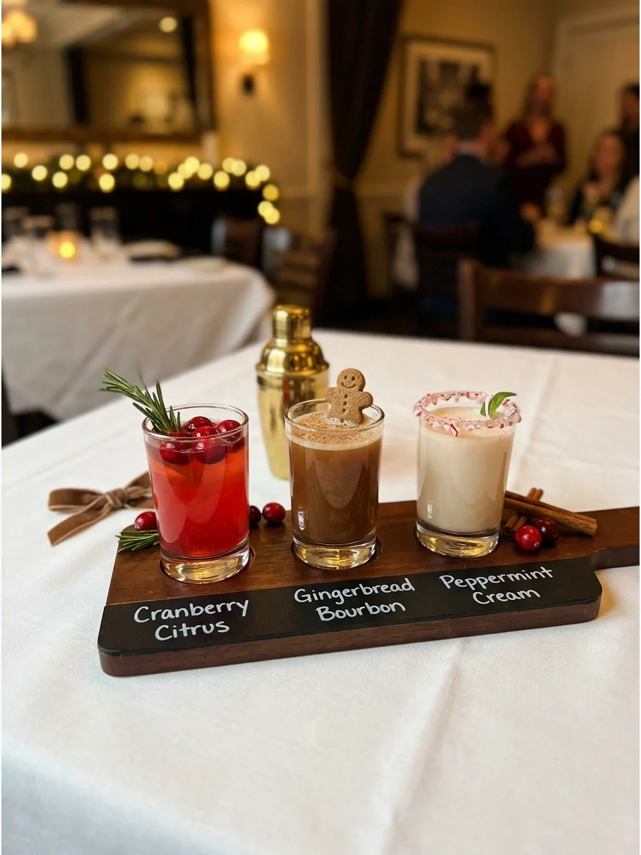 A cocktail flight board with three festive drink samples.