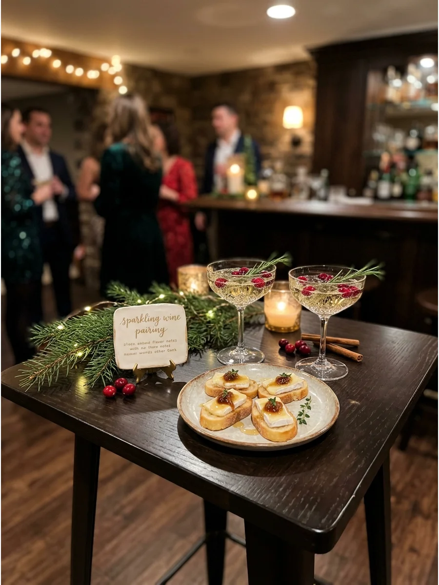 A drink and appetizer pairing station on a small table.