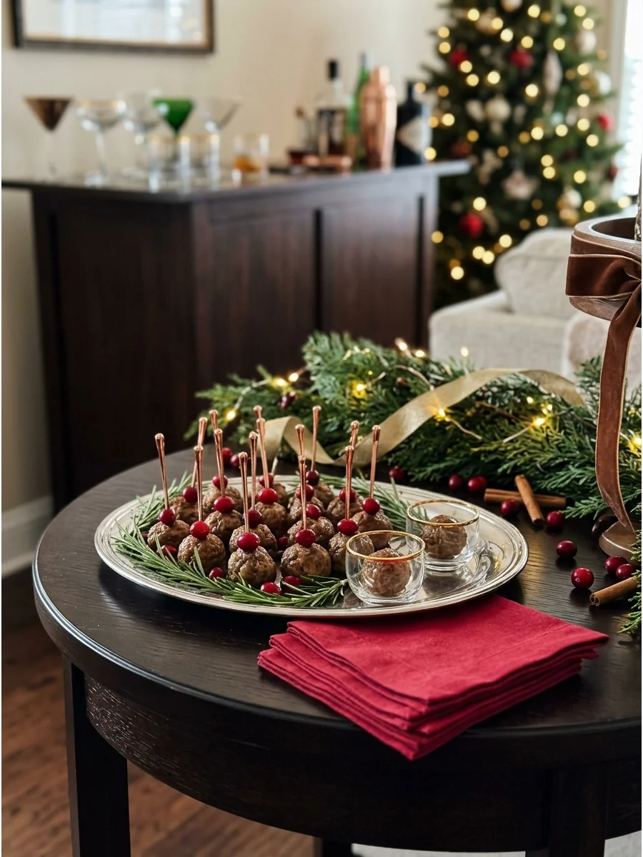 A small food station with appetizers in a living room.