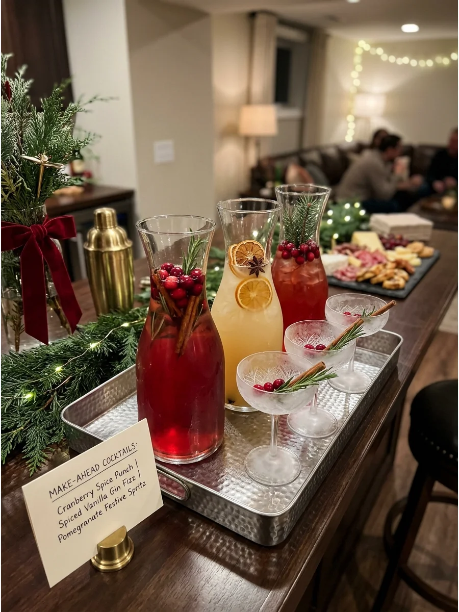 Pre-batched holiday cocktails in glass carafes.