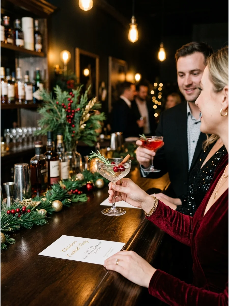 Guests in festive cocktail attire at a holiday party.